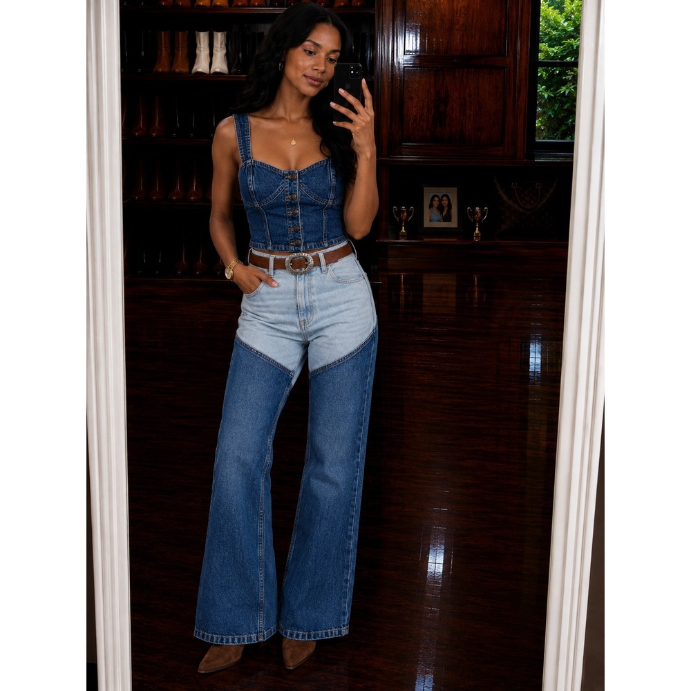 Lee Women Dark Wash Denim Corset Bustier Crop Top Button Front Blue Size Large